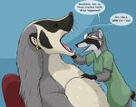 Rating: s
ID: 5487632
Date: 2025-04-07 00:05:13 -0400
Status: active
Score: 9
ambiguous_feral ambiguous_gender american_badger anthro badger bartleby_(strega) brown_eyes clothed clothing dentist dialogue duo ear_piercing ear_ring english_text female female_anthro feral fully_clothed fur green_clothing grey_body grey_fur hi_res mammal markings mustelid musteline open_mouth piercing procyonid raccoon ring_piercing semi-anthro size_difference speech_bubble strega striped_markings striped_tail stripes tail tail_markings talking_feral teeth text tongue whiskers post #5487632