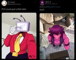 Rating: s
ID: 5647502
Date: 2025-06-16 23:41:31 -0400
Status: active
Score: 69
2025 anthro artist_logo clothing dated deltarune draw_over duo electronics english_text eyeless fake_screencap female female_anthro first_person_view for_a_head gesture ghostar656 hair hand_gesture hi_res humanoid lancer_(deltarune) lizard logo looking_at_viewer low-angle_view male male/female male_humanoid meme middle_finger necktie object_head purple_body purple_hair purple_scales reptile scales scalie screen screen_face screen_head sequence signature solo susie_(deltarune) television tenna_(deltarune) text toby_fox_(copyright) tv_head undertale_(series) viewed_from_above yellow_necktie yellow_sclera post #5647502