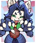 Rating: s
ID: 5629163
Date: 2025-06-08 15:49:58 -0400
Status: pending
Score: 2
anthro belt blue_hair claws clothed clothed_female clothing collar cute_fangs domestic_cat fangs felid feline felis female finger_claws fingerless_gloves fur gloves green_eyes hair handwear hi_res looking_at_viewer mammal open_:3 open_mouth open_smile rawr servalitas smile smug solo teeth whiskers white_body white_ears white_fur post #5629163
