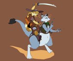 Rating: s
ID: 3842450
Date: 2023-01-29 18:20:37 -0500
Status: active
Score: 19
absurd_res alex_the_rubikang anthro clothed clothing cowboy cowboy_hat dawmino digital_media_(artwork) digitigrade duo fur gun hair handgun hat headgear headwear hi_res holding_object holding_weapon male male/male mammal melee_weapon ponytail ranged_weapon revolver riding riding_on_back rubikang saddle simple_background smile sword topwear unknown_species weapon post #3842450