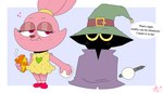 Rating: s
ID: 5422401
Date: 2025-03-09 14:53:11 -0400
Status: active
Score: 20
7:4 anthro canon_x_oc cartoon_network chowder_(series) clothed clothing domestic_cat english_text featureless_hands felid feline felis female floating_hands hat headgear headwear hi_res humanoid hybrid juice_box lagomorph leporid male mammal mysticcoop panini_(chowder) rabbit speech_bubble stylus text wizard_hat young post #5422401