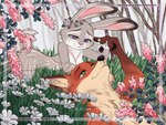 anthro aralyre artist_name breasts brown_body brown_fur canid canine canis cleavage clothed clothing digital_media_(artwork) dipstick_ears disney dress duo ear_markings eye_contact female floral flower flower_crown flower_garland fox fur gloves_(marking) grass green_eyes grey_body grey_fur hand_holding hand_size_difference head_wreath hi_res judy_hopps lagomorph leporid looking_at_another male male/female mammal markings mostly_nude multicolored_ears nature nick_wilde nightgown nude orange_body orange_fur outside plant purple_eyes rabbit red_fox romantic romantic_ambiance romantic_couple smile text translucent translucent_clothing translucent_dress true_fox url white_body white_fur zootopia