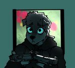 2023 anthro big_eyes black_clothing canid canine canis clothing domestic_dog floppy_ears glock_19 goon_(goonie_san) goonie-san gun hi_res holding_gun holding_object holding_ranged_weapon holding_weapon looking_up male mammal ranged_weapon simple_background solo trigger_discipline weapon
