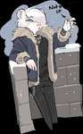 Rating: s
ID: 5401124
Date: 2025-02-27 14:13:16 -0500
Status: active
Score: 51
alpha_channel alternative_fashion anthro bangs black_bottomwear black_clothing black_jeans black_pants black_shirt black_topwear blue_clothing blue_coat blue_eyes blue_topwear bottomwear chain_jewelry choker cigarette clothing coat denim denim_bottomwear denim_clothing digital_media_(artwork) directional_arrow emo english_text fur hair holding_cigarette holding_object jam_(artist) jeans jewelry leaning_on_wall long_sleeves lychee_(jam) male mammal mustelid musteline necklace one_eye_obstructed open_mouth outside pants pattern_clothing pattern_topwear pink_nose shirt short_hair simple_background skinny snow snowing solo stoat stoat_twink_(jam) striped_clothing striped_topwear stripes text topwear transparent_background true_musteline weasel white_body white_fur white_hair white_sclera post #5401124