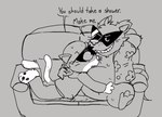 Rating: s
ID: 5536663
Date: 2025-04-28 18:10:29 -0400
Status: active
Score: 14
2025 aloha_shirt anthro barefoot beanie belly bottomwear clothing dialogue digital_media_(artwork) domestic_cat duo english_text everhood eyewear fangs feet felid feline felis fur furniture grey_background greyscale hat headgear headwear hindpaw holding_belly irvine_(everhood) kerchief male male/male mammal monochrome multicolored_body multicolored_fur murid murine neckerchief neckwear open_mouth overweight overweight_anthro overweight_male pants pattern_clothing pattern_shirt pattern_topwear pawpads pawplants paws rat rodent sam_(everhood) shirt simple_background smile sofa sunglasses tail teeth text topwear two_tone_body two_tone_fur whiskers post #5536663