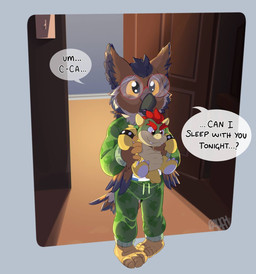 Rating: s
ID: 5693327
Date: 2025-07-07 23:09:40 -0400
Status: active
Score: 44
anthro avian bedroom bird bowser caper_oleum clothed clothing dialogue diaper eyewear glasses great_horned_owl hi_res horned_owl male male_anthro mario_bros nintendo open_door owl pajama_pants pajama_shirt pajamas plushie rauchpanda scared solo true_owl wearing_diaper wearing_glasses young young_anthro young_male post #5693327