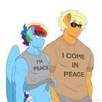 Rating: s
ID: 4694419
Date: 2024-04-01 23:11:55 -0400
Status: active
Score: 51
1:1 anthro anthrofied applejack_(mlp) blonde_hair blue_body blue_fur clothing crop_top crossgender earth_pony english_text equid equine eyewear eyewear_on_head freckles friendship_is_magic ftm_crossgender fur hair hasbro hi_res horse i'm_full_of_cum i_come_in_peace_(meme) male mammal meme meme_clothing multicolored_hair my_little_pony mythological_creature mythological_equine mythology pegasus pony purple_eyes rainbow_dash_(mlp) rainbow_hair shallowwin shirt simple_background sunglasses sunglasses_on_head t-shirt tan_body tan_fur text text_on_clothing text_on_t-shirt text_on_topwear topwear white_background wings post #4694419