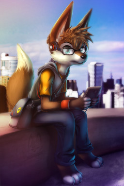 2012 accessory anthro bag barefoot biped black_nose blue_eyes brown_body brown_fur brown_hair building canid canine cellphone clothed clothing detailed_background digital_media_(artwork) dipstick_tail electronics eyewear feet fox full-length_portrait fully_clothed fur glasses hair headphones hi_res hoodie humanoid_pointy_ears looking_at_viewer low_wall male mammal markings messenger_bag on_wall phone pin_accessory pin_button pointy_ears portrait sitting skyscraper solo tail tail_markings thanshuhai topwear white_body white_fur wristband