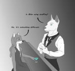 Rating: s
ID: 1027217
Date: 2016-10-21 01:22:33 -0400
Status: active
Score: 13
9x9 alcohol anthro bar bartender beverage canid canine canis clothed clothing crossdressing dhole dialogue digital_media_(artwork) dobermann domestic_dog dress duo english_text femboy fur grey_background hair lena_lardoon male mammal pinscher simple_background sitting standing suit text wig post #1027217