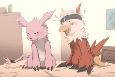 Rating: s
ID: 5674169
Date: 2025-06-28 20:37:57 -0400
Status: active
Score: 16
2025 bandai_namco belt black_belt blush bodily_fluids digimon digimon_(species) door duo embarrassed eyes_closed fangs feathers feet female fur gazimon half-closed_eyes happy hawkmon inside kneeling_on_bed male male/female narrowed_eyes open_mouth pink_body pink_fur ptkd red_feather sweat tail talons teeth text toes white_body white_feathers white_fur post #5674169