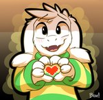 2016 4_fingers abstract_background anthro asriel_dreemurr big_eyes black_background blush boss_monster_(undertale) bottomwear bovid braeburned brown_background caprine cheek_tuft clothed clothing cute_fangs daww digital_media_(artwork) facial_tuft fangs feels fingers fur gesture goat gradient_background green_clothing green_sweater green_topwear hair half-length_portrait head_tuft heart_gesture heart_symbol hi_res long_ears looking_at_viewer love male mammal multicolored_clothing open_mouth pattern_clothing pattern_sweater pattern_topwear pink_tongue portrait sharp_teeth signature simple_background smile solo striped_clothing striped_sweater striped_topwear stripes sweater teeth tongue topwear tuft undertale undertale_(series) white_body white_fur yellow_bottomwear yellow_clothing young