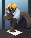 Rating: s
ID: 5327990
Date: 2025-01-24 15:24:45 -0500
Status: active
Score: 21
anthro bedroom_eyes belt belt_buckle black_whiskers blonde_hair blue_eyes bottomwear brown_body brown_fur buckle clipboard clothing colored crop_top desk eye_through_hair flirting fur furniture hair hair_between_eyes hi_res holding_clipboard holding_object inside looking_at_viewer male mammal membrane_(anatomy) mustelid narrowed_eyes necktie office office_setting otter otter_tail pandottermon pants paper parker_(pandottermon) professional_clothes rolled_up_sleeves seductive shaded shirt solo table topwear translucent translucent_hair unprofessional_behavior webbed_hands whiskers wood wood_desk wood_furniture post #5327990