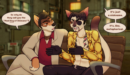 Rating: s
ID: 5164901
Date: 2024-11-06 18:22:07 -0500
Status: active
Score: 19
2020 5_fingers alternate_species anthro asking_another belt belt_buckle bent_arm black_belt black_bottomwear black_clothing black_eyebrows black_facial_hair black_gloves black_goatee black_hair black_handwear black_nose black_pants bottomwear brown_body brown_eyes brown_fur brown_tail_tip buckle building canid canine canis chest_tattoo chotpot clothed clothed_anthro clothed_male clothing colored crossed_legs dialogue digital_drawing_(artwork) digital_media_(artwork) dipstick_tail domestic_cat domestic_dog duo english_description eye_patch eyebrows eyewear facial_hair fangs felid feline felis fingers fur furrification furrowed_brow furrowed_eyebrows gloves goatee gold_(metal) gold_jewelry gold_necklace goro_majima hair handwear irezumi jewelry kazuma_kiryu long_tail looking_at_another male male_anthro mammal markings multicolored_body multicolored_fur necklace outside pants pink_inner_ear pink_tongue question red_dress_shirt screencap screencap_background sega shaded sharp_teeth short_hair siamese sitting speech_bubble suit tail tail_markings talking_to_another tan_body tan_fur tan_tail tattoo teeth tongue vent whiskers white_bottomwear white_clothing white_pants white_suit window yakuza_(series) yellow_clothing yellow_suit post #5164901