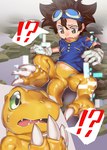 Rating: s
ID: 5037314
Date: 2024-09-08 12:54:55 -0400
Status: active
Score: 39
agumon anthro bandai_namco bodily_fluids brown_eyes brown_hair digimon digimon_(species) duo eyewear eyewear_on_head goggles goggles_on_head green_eyes hair hi_res human interrobang male mammal mid_transformation scalie skink_hisshiss sweat taichi_kamiya transformation yellow_body post #5037314
