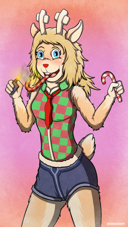 Rating: s
ID: 5674294
Date: 2025-06-28 22:00:41 -0400
Status: pending
Score: 5
absurd_res anthro antlers blonde_hair blue_eyes blush bottomwear buckteeth candy candy_cane cheerful cigar cigarette clothed clothing collared_shirt criegrrunov deer deltarune dessert female fire food fur glistening hair happy hi_res holidays horn lighter long_hair mammal necktie new_world_deer noelle_holiday open_mouth polo_shirt pupils red_nose reindeer scut_tail shirt short_tail shorts smoke smoking smoking_cigar smoking_cigarette snow snowing solo tail teeth topwear undertale_(series) yellow_body yellow_fur post #5674294