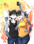 abstract_background absurd_res anthro black_hair blue_body blue_fur bottomwear brother_(lore) brother_and_sister_(lore) clothing denim denim_bottomwear denim_clothing dibujome_(artist) duo electronics felix_(striped_sins) female fur gesture hair hand_gesture happy hi_res jeans jewelry male mammal markings necklace pants phone procyonid raccoon ryder_(striped_sins) selfie shark_tooth_necklace shirt sibling_(lore) sister_(lore) smile striped_body striped_fur striped_markings striped_sins striped_tail stripes t-shirt tail tail_markings tank_top topwear v_sign willitfit yellow_eyes