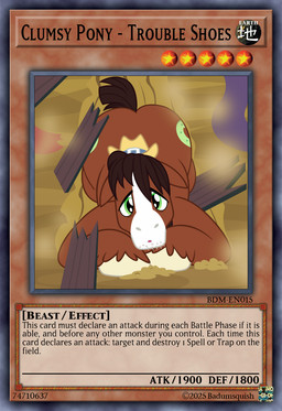 Rating: s
ID: 5560595
Date: 2025-05-09 17:59:51 -0400
Status: active
Score: 11
badumsquish brown_body brown_hair brown_tail clothing cutie_mark earth_pony english_text equid equine feral fetlocks friendship_is_magic green_eyes hair hasbro hat headgear headwear hooves horse looking_at_viewer male male_feral mammal my_little_pony pony solo tail text troubleshoes_(mlp) wood yu-gi-oh_card post #5560595