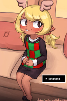 Rating: s
ID: 5689244
Date: 2025-07-06 02:32:46 -0400
Status: pending
Score: 3
2025 2_horns anthro antlers biped black_clothing black_dress blonde_hair blush brown_body clothed clothing cloven_hooves deer deltarune dress english_text eyebrows female freckled_face freckles furniture hair hooves horn inside laugh looking_aside lumineko mammal new_world_deer noelle_holiday on_sofa pigtails reindeer shirt sitting sitting_on_sofa sofa solo teeth text text_box topwear undertale_(series) unguligrade white_clothing white_shirt white_topwear young young_anthro young_female post #5689244