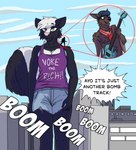 Rating: s
ID: 4783328
Date: 2024-05-14 18:24:53 -0400
Status: active
Score: 22
anthro bat battalia_(li'l_melon) black_body black_fur bottomwear breasts brown_body brown_fur building cleavage clothed clothing day denim denim_bottomwear denim_clothing denim_shorts duo eat_the_rich electric_guitar english_text eyewear female fennfeathers fur green_eyes guitar hat headgear headwear hi_res kerchief looking_at_viewer macro male mammal mephitid musical_instrument outside playing_guitar playing_music plucked_string_instrument rage_against_the_machine shirt shirtless shirtless_anthro shirtless_male shorts singing size_difference skunk smile speech_bubble standing_on_another standing_on_shoulders strays_in_paradise string_instrument sunglasses tank_top text text_on_clothing text_on_topwear topwear walking walking_towards_viewer yelling post #4783328