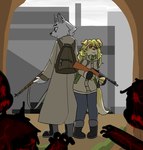 Rating: s
ID: 4609075
Date: 2024-02-19 02:34:07 -0500
Status: active
Score: 21
:i ambiguous_gender anthro back_to_back backpack belt blood blood_in_mouth blood_on_face blood_on_hand bloodshot_eyes bodily_fluids boots bottomwear canid canine canis clothed clothing coat day denim denim_bottomwear denim_clothing dingodeptrai dipstick_tail domestic_dog duo eye_glint fan_character female fingerless_gloves footwear front_view fully_clothed fur gaffie_(dingodeptrai) gloves grey_body grey_fur group gun hand_on_gun handwear holding_object holding_weapon hood_down imminent_attack industrial industrial_background industrial_plant jeans knock-kneed looking_at_viewer machine_gun male mammal markings military_uniform monster pants plant pouch_(clothing) pouches ppsh-41 purple_eyes ranged_weapon red_eyes rifle s.t.a.l.k.e.r. shoes sky sneakers standing submachine_gun tail tail_markings tired tired_eyes topwear tree uniform utility_belt weapon white_body white_fur yellow_body yellow_fur post #4609075