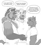 Rating: s
ID: 4851299
Date: 2024-06-13 23:20:40 -0400
Status: active
Score: 86
2024 abstract_background anthro barazoku beard belly biceps bovid bovine cattle claws clothed clothing dialogue digital_drawing_(artwork) digital_media_(artwork) domestic_cat english_text eye_contact eyebrows eyewear facial_hair felid feline felis gesture glasses greeting greyscale group hair hand_on_back handshake happy hi_res horn hyena khayen_(character) looking_at_another male mammal monochrome musclegut muscular muscular_anthro muscular_male pecs sharp_teeth shirt size_difference sketch smile speech_bubble spots t-shirt tail talking_to_another tank_top teeth text theopieart topwear triceps trio post #4851299