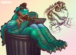 Rating: s
ID: 5574672
Date: 2025-05-15 17:22:48 -0400
Status: pending
Score: 7
3_toes 5_fingers absurd_res anthro apple_inc. apple_pencil blue_markings body_hair brown_body brown_hair chest_hair claws curly_hair dinosaur eyewear facial_hair feet fingers glasses goatee green_body green_markings hair hand_on_chin hi_res inside_trash_can ipad male markings musclegut muscular muscular_anthro muscular_male prehistoric_species red_spikes reptile scale_markings scales scalie sideburns signature simple_background sketch solo spiked_tail spikes spikes_(anatomy) tablet_computer tail theropod thinking toe_claws toes trash_can trick_rex trick_rex_(character) tyrannosaurid tyrannosauroid tyrannosaurus tyrannosaurus_rex yellow_eyes post #5574672