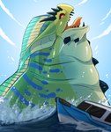 Rating: s
ID: 5655133
Date: 2025-06-20 07:18:00 -0400
Status: active
Score: 0
ambiguous_gender black_teeth blue_markings blue_sky boat brown_sclera cloud feral gills green_body hi_res imperatorcaesar looking_at_viewer marine markings open_mouth orange_tongue overweight overweight_ambiguous overweight_feral red_eyes side_view sky solo species_request splash teeth tongue vehicle water watercraft post #5655133