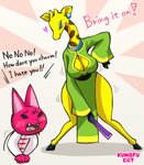 Rating: s
ID: 2392838
Date: 2020-08-31 19:59:26 -0400
Status: active
Score: 67
anthro big_breasts blood blush bodily_fluids breasts brown_spots cleavage_cutout clothed clothing curvy_figure cutout domestic_cat dress duo english_text fangs felid feline felis female giraffe giraffid green_clothing green_dress green_eyes heart_symbol hi_res holding_object hooves horn kung_fu_cat long_neck makeup male mammal mascara mascara_(kung_fu_cat) melonleaf neck_ring nosebleed ossicone shinjuku_rockets shirt simple_background spots standing teeth text thick_thighs topwear whiskers post #2392838