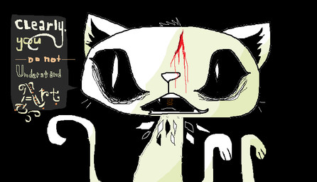 Rating: s
ID: 5675130
Date: 2025-06-29 10:42:39 -0400
Status: active
Score: 7
2015 ambiguous_gender black_background black_sclera blood bodily_fluids digital_drawing_(artwork) digital_media_(artwork) domestic_cat english_text felid feline felis feral mammal naircat simple_background solo surrealism text wounded post #5675130