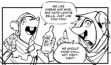 Rating: s
ID: 3460061
Date: 2022-07-21 15:13:55 -0400
Status: active
Score: 77
alcohol anthro belt beverage buckteeth cheese clothed clothing comic comment dairy_products dialogue duo english_text female food gesture hand_gesture hood humor low_res male mammal mcnostril monochrome murid murine notched_ear pointing rat rodent simple_background skaven smile talking_to_viewer teeth text warhammer_(franchise) warhammer_fantasy white_background wine post #3460061