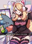 Rating: s
ID: 4275946
Date: 2023-09-06 01:50:52 -0400
Status: active
Score: 67
ambiguous_gender anthro beverage beverage_can big_breasts black_clothing black_shirt black_topwear blonde_hair blue_eyes bottomwear breasts choker clothed clothing cynthia_(pokemon) desk digital_media_(artwork) duo electronics english_text female filter fin furniture generation_4_pokemon gesture gible hair hair_over_eye headphones hi_res holding_beverage holding_object human inside jewelry keyboard legwear livestream looking_at_viewer looking_back mammal monitor mountain_dew necklace nintendo notched_fin one_eye_obstructed open_mouth pokemon pokemon_(species) pokemon_champion selfie shirt smile snapchat soda stockings table text text_on_clothing text_on_topwear tongue topwear touyarokii post #4275946