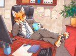 Rating: s
ID: 5600815
Date: 2025-05-26 20:43:54 -0400
Status: active
Score: 22
2020 ango76 anthro black_eyes black_nose black_pawpads blue_cup book bottomwear brown_claws brown_eyebrows canid canine chair claws clothed clothing coffee_mug computer_keyboard computer_monitor container cup desk electronics eyebrows feet_up fox fur furniture grey_clothing grey_suit holding_container holding_cup holding_object inner_ear_fluff keyboard looking_away male mammal necktie office office_chair on_chair orange_body orange_fur pants paper pattern_necktie pawpads phone plant plant_pot post-it_note potted_plant shirt sitting sitting_on_chair solo striped_necktie suit suit_and_tie suit_jacket table topwear tuft whiskers white_body white_clothing white_fur white_shirt white_topwear window post #5600815