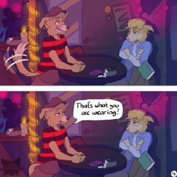 Rating: s
ID: 5675188
Date: 2025-06-29 11:06:35 -0400
Status: pending
Score: 0
annoyed artist_logo ashtray at_table bag bar book border_collie boris_(kriek_wildebeest) brother_(lore) brothers_(lore) brown_eyes candle canid canine canis clothed clothing coaster collie comic crossed_arms curly_hair dialogue domestic_dog duo english_text excited eye_contact eyebrows fingerpads hair hand_on_table hat headgear headwear herding_dog hi_res inside jeremy_(kriek_wildebeest) kriek_wildebeest logo looking_at_another male mammal open_clothing open_shirt open_topwear page_number pastoral_dog pattern_clothing pattern_shirt pattern_topwear pawpads sheepdog shirt sibling_(lore) silhouette sitting speech_bubble striped_clothing striped_shirt striped_topwear stripes tail tail_motion tailwag text topwear yellow_body post #5675188