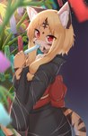 Rating: s
ID: 3432940
Date: 2022-07-07 08:33:29 -0400
Status: active
Score: 44
2022 anthro asian_clothing black_body black_fur blonde_hair blush clothed clothing cute_fangs digital_media_(artwork) east_asian_clothing fangs felid female female_anthro fur hair hi_res holding_object horokusa0519 inner_ear_fluff japanese_clothing kemono looking_at_viewer looking_back looking_back_at_viewer mammal multicolored_body multicolored_fur pantherine pupils red_eyes slit_pupils solo teeth tiger tora-chan_(horokusa) tuft white_body white_fur yellow_body yellow_fur post #3432940
