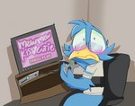 Rating: s
ID: 3227363
Date: 2022-03-16 19:45:37 -0400
Status: active
Score: 110
anonymous_artist anthro avian beak berdly bird blue_body blue_feathers blush caught_in_the_act chair clothed clothing console controller deltarune electronics embarrassed eyewear feathers frown furniture game_controller gaming glasses holding_controller holding_object looking_at_viewer male mew_mew_kissy_cutie microsoft partially_clothed playing_video_game shirt sitting solo television topwear undertale_(series) wide_eyed xbox xbox_game_studios yellow_beak post #3227363