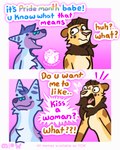 Rating: s
ID: 5630419
Date: 2025-06-09 06:28:25 -0400
Status: active
Score: 11
2025 anthro belly blue_body blue_fur blue_hair brown_body brown_fur canid canine cheek_tuft chest_tuft comic confusion couples dialogue duo emanata english_text exclamation_point facial_tuft felid female fox fur group hair head_tuft hi_res humor it's_pride_month_you_know_what_that_means kissing lgbt lgbt_pride lgbt_pride_month lion looking_at_another luckfoxo33 male mammal mane meme pantherine partners pink_background pride purple_body purple_fur question_mark relationship romantic romantic_couple silly silly_face simple_background simple_eyes smile speech_bubble tatum tatum_koenig text tolng trans_(lore) trans_man_(lore) trans_woman_(lore) tuft watermark white_belly yellow_body yellow_fur post #5630419