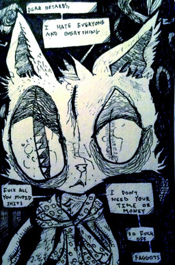Rating: s
ID: 5666556
Date: 2025-06-25 10:09:46 -0400
Status: pending
Score: -1
2014 ableist_slur anthro big_eyes clothed clothing domestic_cat english_text eyes_in_darkness felid feline felis homophobic_slur insult insulting_viewer male mammal misanthropy naircat rude slur solo surreal_bg text traditional_media_(artwork) post #5666556