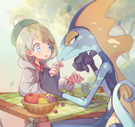 5_fingers ambiguous_gender anthro apple bedroom_eyes big_hands blue_body blue_eyes blush clothed clothing duo eating eye_contact female female/ambiguous fingers food fruit furniture generation_8_pokemon gloria_(pokemon) grapple green_clothing green_hat green_headwear hand_size_difference hat headgear headwear hi_res human human_on_anthro humanoid_hands inteleon interspecies kg_akkn looking_at_another mammal narrowed_eyes nintendo nude open_mouth plant pokemon pokemon_(species) pokephilia scalie seductive table tail young young_female young_human