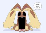 Rating: s
ID: 5138850
Date: 2024-10-25 18:07:36 -0400
Status: active
Score: 26
ambiguous_gender anthro brown_body brown_fur dbz_episode_121 fur gaping_mouth generation_4_pokemon gholdenhoe hi_res jaw_drop lopunny nintendo open_mouth pokemon pokemon_(species) reaction_image solo tongue toony yabba_dabba_doo post #5138850
