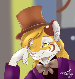 2013 abstract_background ambiguous_gender anthro arm_support blonde_hair bow_(feature) bow_tie bust_portrait charlie_and_the_chocolate_factory clothed clothing coat condesending_wonka cosplay digital_drawing_(artwork) digital_media_(artwork) felid female_(lore) fur gene_wilder hair half-closed_eyes hat headgear headwear humor hybrid icon inner_ear_fluff leaning_on_elbow liger lion lol_comments long_hair low_res mammal meme narrowed_eyes pantherine parody portrait reaction_image redraw shaded signature smile soft_shading solo tassy_(artist) tiger top_hat topwear tuft willy_wonka willy_wonka_and_the_chocolate_factory yellow_body yellow_eyes yellow_fur