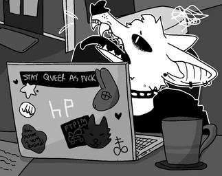 Rating: s
ID: 3856389
Date: 2023-02-05 21:47:59 -0500
Status: active
Score: 16
alternative_fashion anthro bat coffee_mug collar computer ear_piercing ear_ring electronics english_text fangs greyscale hp laptop long_sleeve_shirt male mammal monochrome open_mouth piercing punk ring_piercing sharp_teeth sins_(sinsquest) sinsquest solo spiked_collar spikes teeth text three_arrows_(symbol) tongue tongue_out trans_(lore) trans_man_(lore) post #3856389