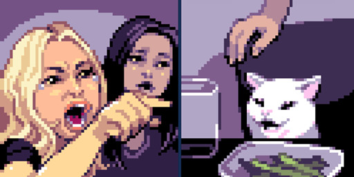 5_fingers blonde_hair cc-by-nc-nd clothed clothing creative_commons digital_media_(artwork) domestic_cat duo felid feline felis female feral fingers gesture hair hand_gesture human kyle_richards low_res mammal meme moawling open_mouth pixel_(artwork) pointing real_world redraw smudge_(deadbefordeath) taylor_armstrong the_real_housewives_of_beverly_hills woman_yelling_at_a_cat