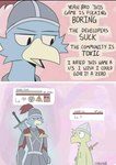 Rating: s
ID: 5586764
Date: 2025-05-20 18:43:11 -0400
Status: pending
Score: 22
anthro avian better_source_needed bird blue_jay comic corvid dialogue duo english_text front_view gameplay_mechanics gui health_bar hi_res hud humor jay_(bird) knight knight_armor male mangoyena new_world_jay oscine parrot passerine speech_bubble talking_to_another text warrior post #5586764