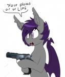 Rating: s
ID: 1637483
Date: 2018-08-27 21:04:33 -0400
Status: active
Score: 39
bat_pony bat_wings dialogue digital_media_(artwork) english_text equid fan_character fangs female gun hair half-length_portrait handgun hasbro holding_gun holding_object holding_ranged_weapon holding_weapon mammal membrane_(anatomy) membranous_wings my_little_pony nolegs_(oc) nude portrait pupils purple_eyes purple_hair ranged_weapon replica_(artist) slit_pupils solo teeth text threatening watermark weapon wings post #1637483