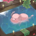 1:1 2023 amphibian axolotl axolotl_(minecraft) bratwurstcat digital_media_(artwork) eyes_closed flower glistening glistening_water grass hi_res leaf male marine microsoft minecraft mojang mole_salamander mouth_closed partially_submerged pink_body pink_tail plant relaxing salamander solo tail torch water xbox_game_studios