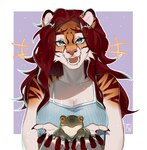 Rating: s
ID: 5593830
Date: 2025-05-23 22:15:32 -0400
Status: active
Score: 14
amphibian anthro breasts cleavage clothed clothing creativeevil digital_media_(artwork) eevi_(creativeevil) felid female feral frog fur green_body hair hi_res holding_animal looking_at_viewer mammal open_mouth pantherine red_hair simple_background smile standing teeth tiger topwear post #5593830