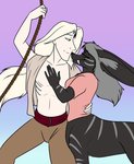 Rating: s
ID: 2191401
Date: 2020-03-25 00:13:42 -0400
Status: active
Score: 4
black_body black_fur blonde_hair breasts canid canid_taur canine canine_taur clothed clothing darnathi_human duo eye_contact female foxenawolf fur gills gradient_background hair humanoid looking_at_another male male/female mammal mammal_taur open_clothing open_shirt open_topwear shirt simple_background taur topless topwear post #2191401