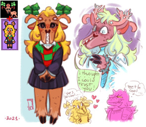 Rating: s
ID: 5697851
Date: 2025-07-09 20:09:11 -0400
Status: active
Score: 47
2021 alternate_universe ambiguous_gender anthro antlers bottomwear clothing collared_shirt cursed_image deer deltarune dialogue duo english_description english_text eyelashes female freckles group gyftrot hair hi_res horn looking_at_viewer mammal new_world_deer noelle_holiday pespillo purple_body purple_hair reindeer reptile scalie shirt signature simple_background speech_bubble susie_(deltarune) text topwear trio undertale undertale_(series) vertical_mouth what_if white_background post #5697851
