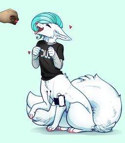 alyx_mcconville_(character) anthro blue_hair canid canid_taur canine canine_taur cougar dancing disembodied_hand duo excited felid feline food fox fox_taur fruit fur giving_food hair happy hi_res highlights_(coloring) linden_mcconville_(character) male mammal mammal_taur plant sitting solo_focus taur tongue tongue_out vloic white_body white_fur