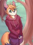 2017 3:4 anthro black_body black_fur canid canine clothed clothing digital_media_(artwork) eyewear femboy fox fur glasses green_eyes haiku_(haikufox) hair hi_res hoodie hybrid looking_at_viewer male mammal multicolored_tail outside shirokoi smile solo tail topwear white_body white_fur